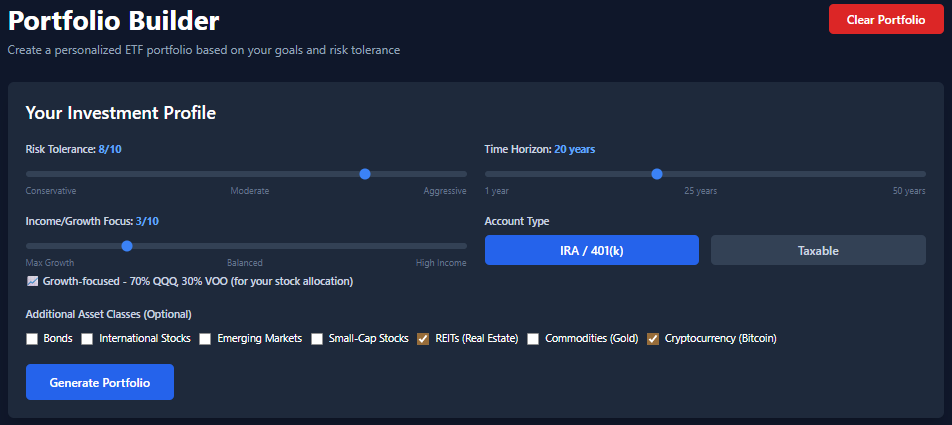 ETF Portfolio Builder input panel showing risk tolerance, time horizon, account type, and asset class selection